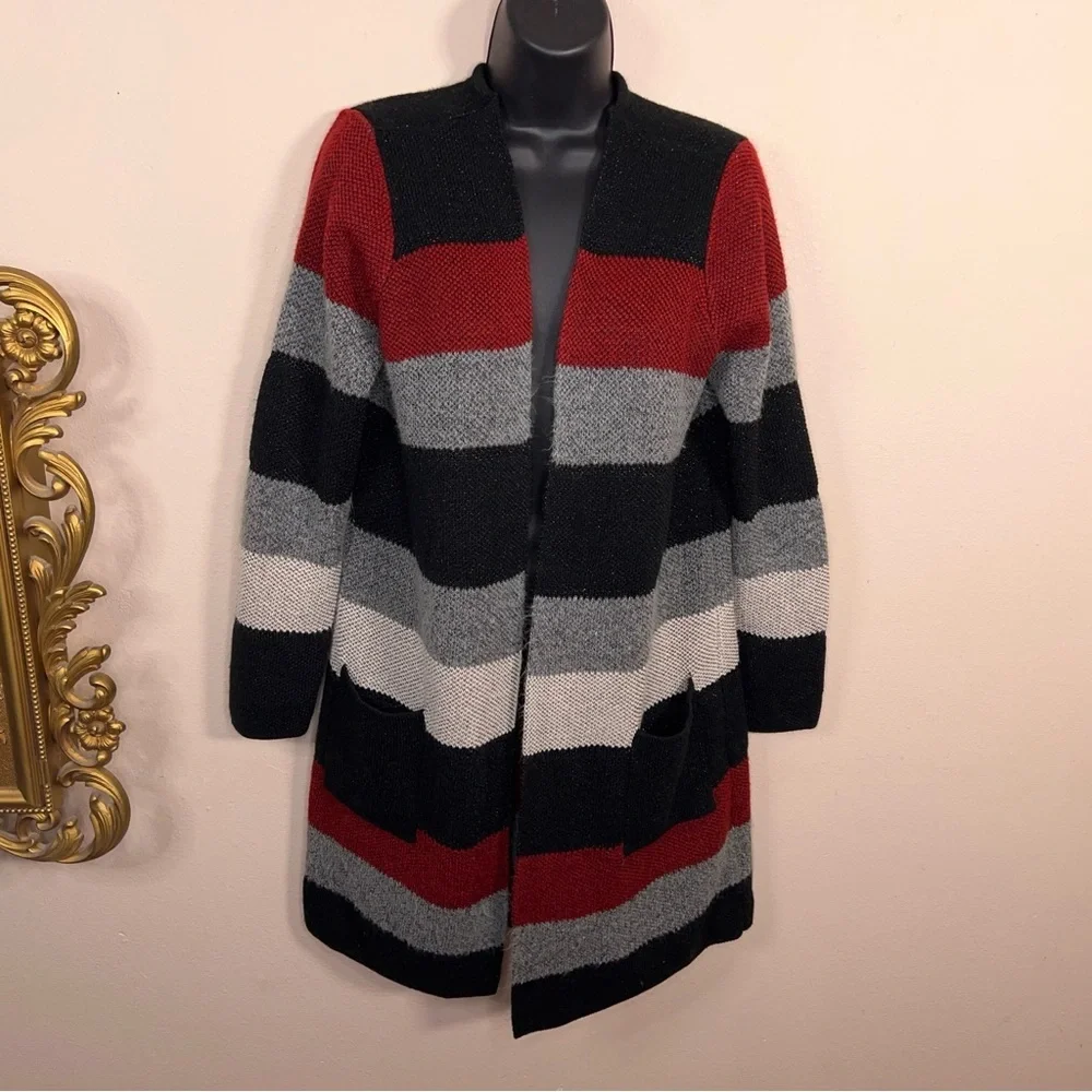 Petite Large IN Studio Colorblock Long Sleeve Open Front Sweater Black Grey Red